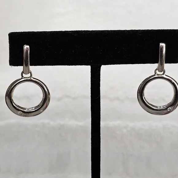 Vintage 925 Silver Circle Drop Earrings with Diamonds - Picture 8 of 12